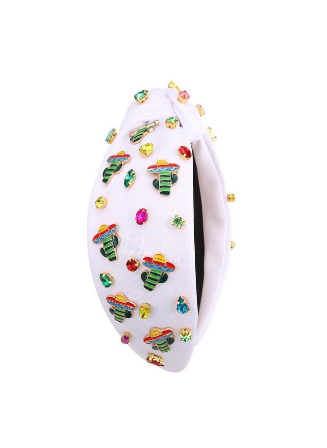 Boderier Cinco De Mayo Headband Fiesta Sombrero Avocado Cactus Headband Crystal Jeweled Knotted Headband Mexican Holiday Headband Hair Accessories Decorations Gifts (White Cactus B)  - Image 5