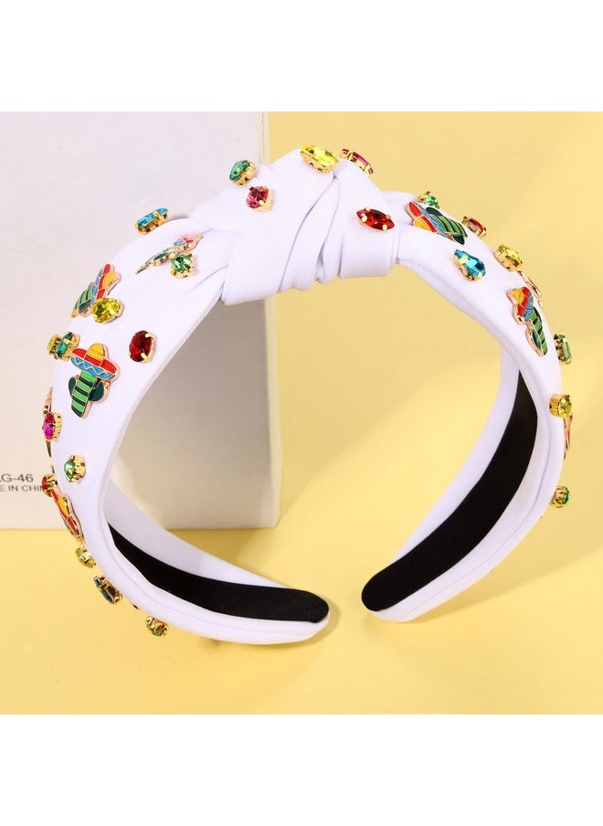 Boderier Cinco De Mayo Headband Fiesta Sombrero Avocado Cactus Headband Crystal Jeweled Knotted Headband Mexican Holiday Headband Hair Accessories Decorations Gifts (White Cactus B)  - Image 4
