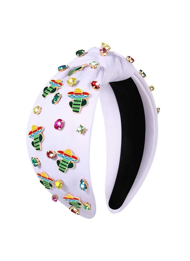 Boderier Cinco De Mayo Headband Fiesta Sombrero Avocado Cactus Headband Crystal Jeweled Knotted Headband Mexican Holiday Headband Hair Accessories Decorations Gifts (White Cactus B)  - Image 1