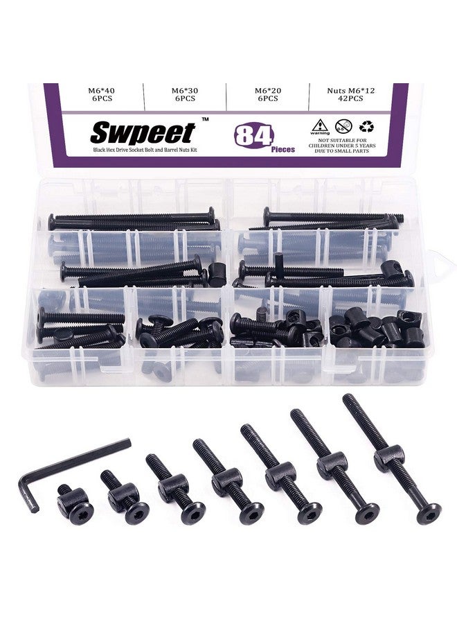 Swpeet 84Pcs Black M6 × 20/30/40/50/60/70/80mm Crib Hardware Screws Kit, Hex Socket Head Cap Crib Baby Bed Bolt and Barrel Nuts with 1 x Allen Wrench Perfect for Furniture, Cots, Crib Screws - Image 1