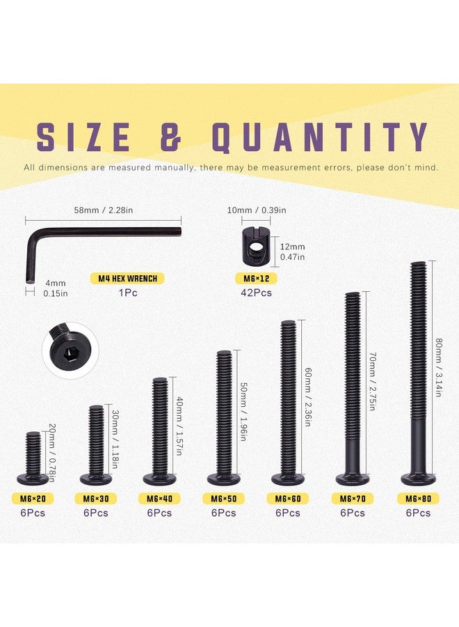 Swpeet 84Pcs Black M6 × 20/30/40/50/60/70/80mm Crib Hardware Screws Kit, Hex Socket Head Cap Crib Baby Bed Bolt and Barrel Nuts with 1 x Allen Wrench Perfect for Furniture, Cots, Crib Screws - Image 2