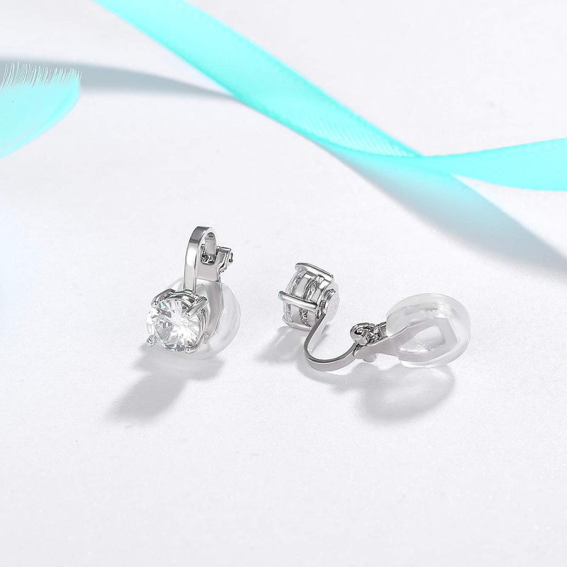 SELOVO Prong Setting 6mm Round Cubic Zirconia Clip on Stud Earrings Silver Tone - Image 4