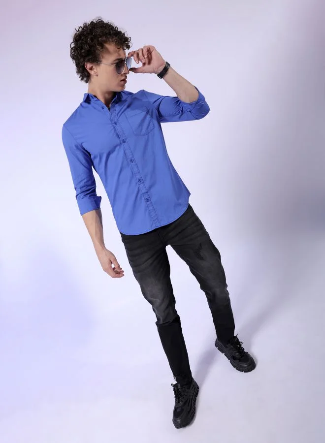 شركة المرآب الهندية Men Slim Fit Solid Full Sleeves Cutaway Collar Casual Shirt