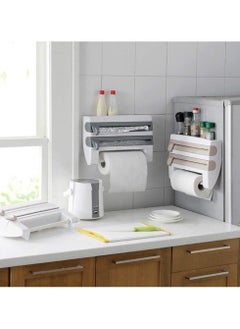 4 in 1 Wall Mounted Paper Towel Holder, Plastic Wrap Dispenser with Slide Cutter and Tissue Roll Holder, Foil Paper Dispenser