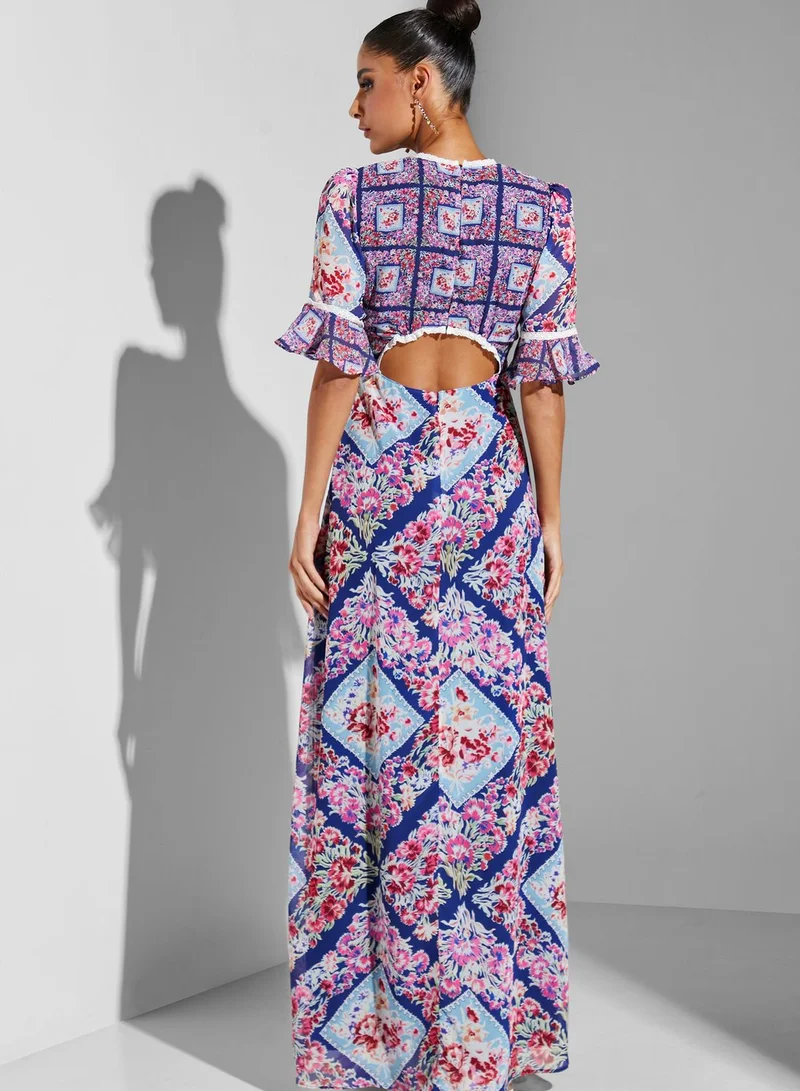 Hope & Ivy Priya Cut Out Back Printed Dress