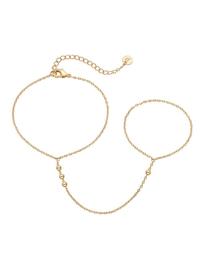 PAVOI 14K Yellow Gold Plated Beaded Hand Chain Bracelet For Women | Dainty Beads Bracelet And Ring Chain Body Jewelry - Image 1
