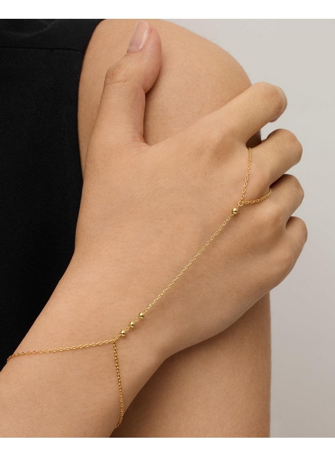PAVOI 14K Yellow Gold Plated Beaded Hand Chain Bracelet For Women | Dainty Beads Bracelet And Ring Chain Body Jewelry - Image 2