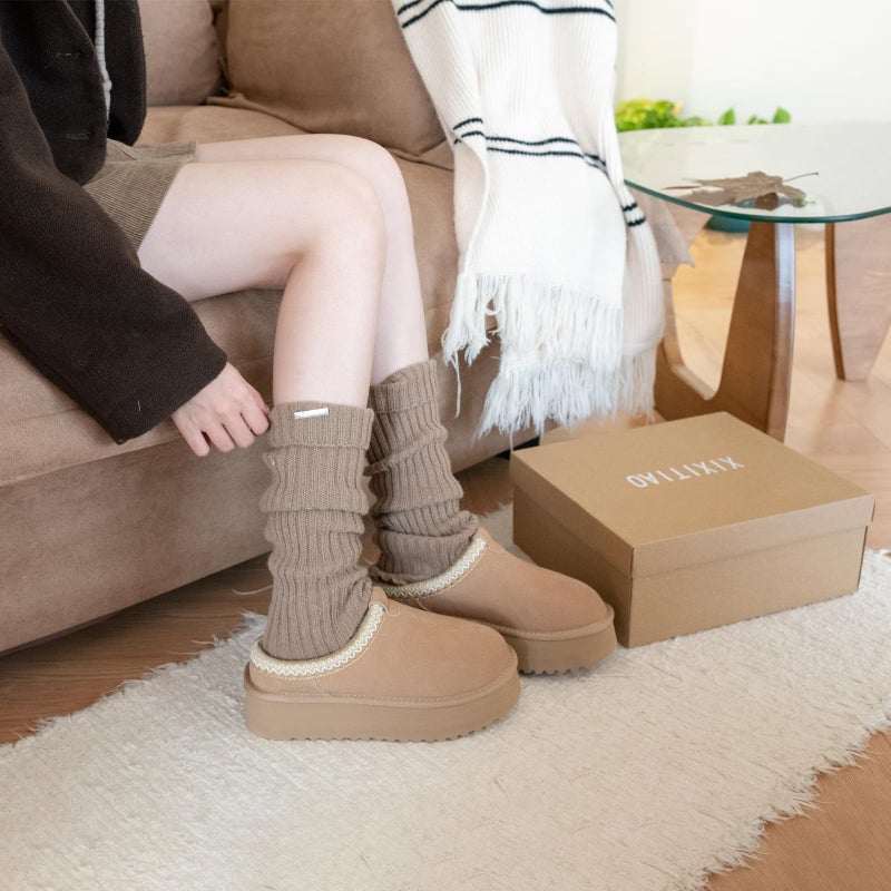 XIXITIAO Slippers for Women Suede Leather Platform Slippers Slip on Cozy Winter Womens House Slippers for Indoor Outdoor, pantuflas para mujer, Size 6(Light Brown) - Image 2