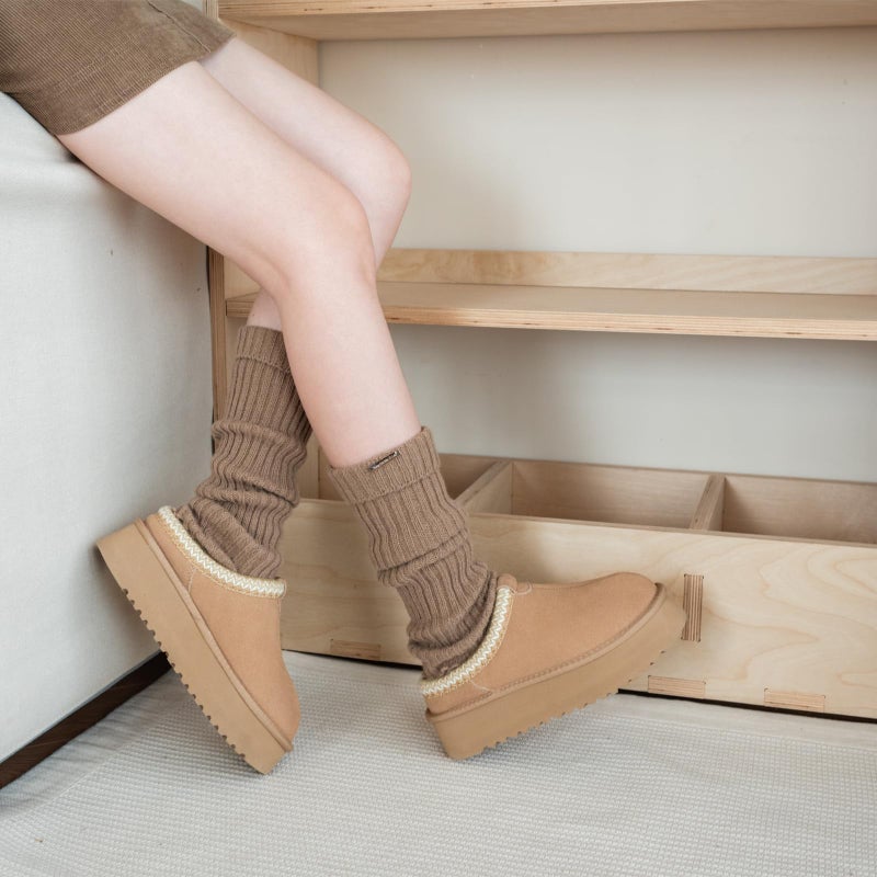 XIXITIAO Slippers for Women Suede Leather Platform Slippers Slip on Cozy Winter Womens House Slippers for Indoor Outdoor, pantuflas para mujer, Size 6(Light Brown) - Image 5