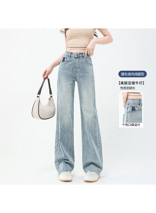 Jeanswest Spring Summer High Waist Light Blue Vintage Versatile Loose Wide Leg Pants With Back Pocket Embroidery Patchwork Design Trendy Straight Leg Pants - Image 5