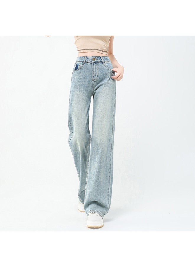 Jeanswest Spring Summer High Waist Light Blue Vintage Versatile Loose Wide Leg Pants With Back Pocket Embroidery Patchwork Design Trendy Straight Leg Pants - Image 3