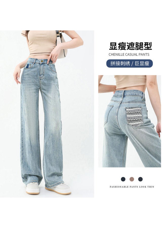 Jeanswest Spring Summer High Waist Light Blue Vintage Versatile Loose Wide Leg Pants With Back Pocket Embroidery Patchwork Design Trendy Straight Leg Pants - Image 2
