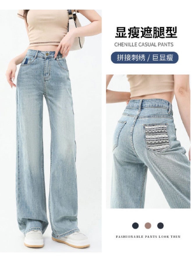 Jeanswest Spring Summer High Waist Light Blue Vintage Versatile Loose Wide Leg Pants With Back Pocket Embroidery Patchwork Design Trendy Straight Leg Pants - Image 1