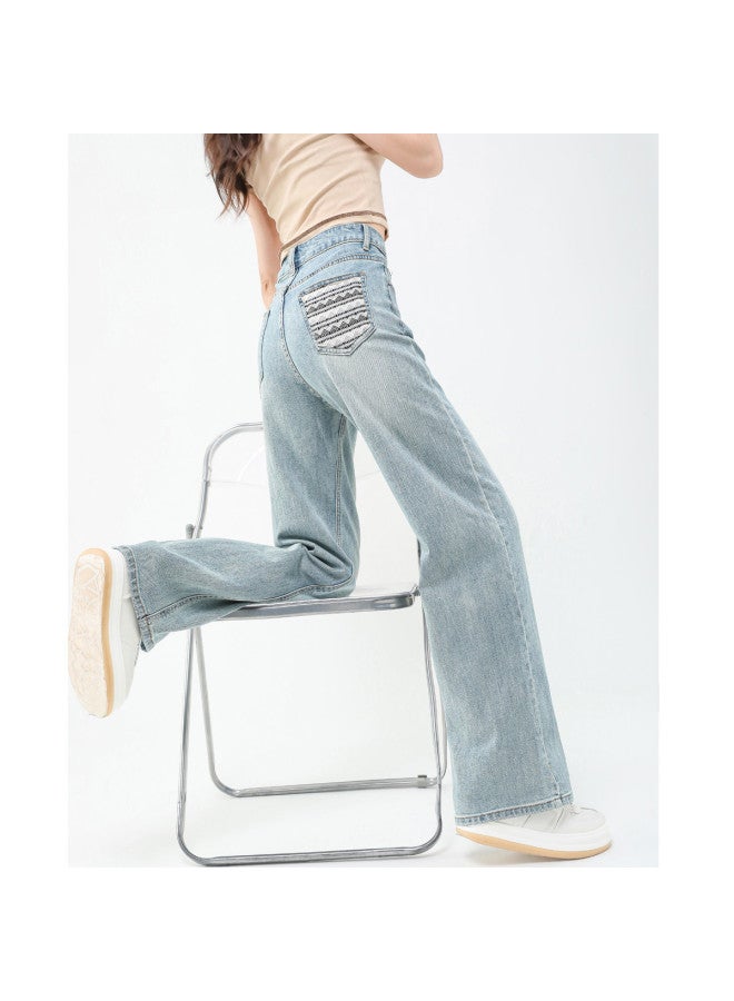 Jeanswest Spring Summer High Waist Light Blue Vintage Versatile Loose Wide Leg Pants With Back Pocket Embroidery Patchwork Design Trendy Straight Leg Pants - Image 4