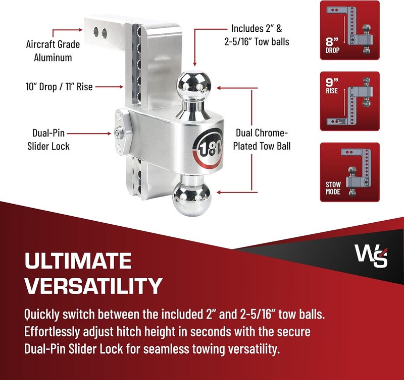 Weigh Safe 180 Hitch - Adjustable Trailer Hitch Ball Mount - 8" Drop Hitch for 2" Receiver - Heavy Duty Aluminum Tow Hitch with Chrome Plated Balls (2" & 2 5/16") - 12,500 GTW - Image 4