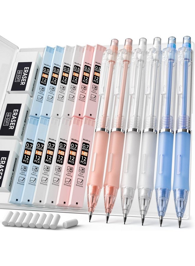 Nicpro 23Pcs Pastel Mechanical Pencil 0.5 & 0.7 Mm With Case For School With 12 Tubes Hb Lead Refills 3 Erasers 9 Eraser Refills For Student Writing Drawing Sketching Blue & Pink & White Colors - Image 1