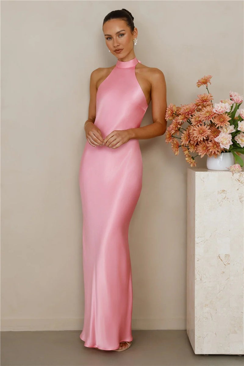 Women's 2025 Summer Satin Long Dress with Halter Neck Tie-Front Slim Fit