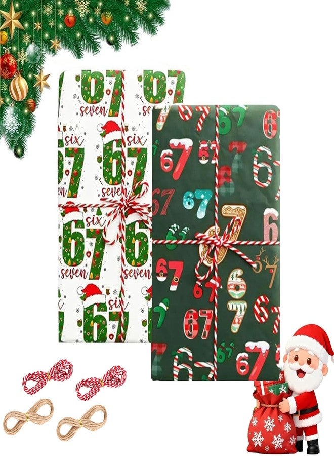 2Pcs 67 Christmas Wrapping Paper, 2025 Funny Holiday Gift Wrap, Unique Six Seven Festive Wrapping Papers, 67 Meme Funny Teen Holiday Gift Wrap (White+Green) - Image 1