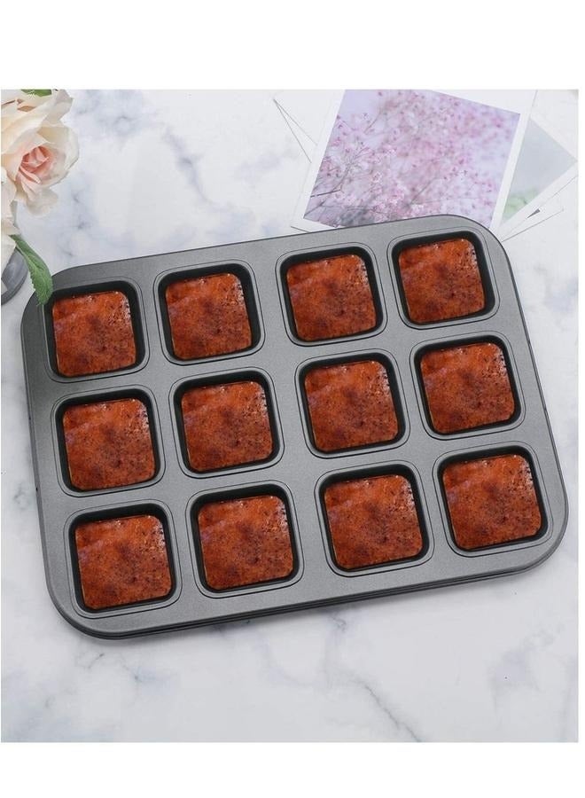 12 Cup Muffin Tray Baking Mould-grey-Brownie Pan with Dividers, All Edges Square Cupcake Brownie Pans Mini Cake Non Stick - Image 3