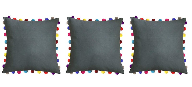 Lushomes Cushion Cover 24x24 Boho Cushion Covers Sofa Pillow Cover Cushion Covers with Tassels Cushion Cover with pom pom 24x24 Inches Set of 3 Grey - Image 1