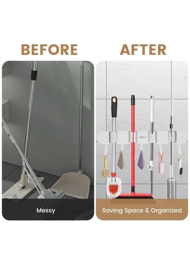 1PCS 5 Racks and 6 Hook Broom Mop Holder with Hooks Wall Mounted Broom Storage Rack No Drilling Self-Adhesive Mop Broom Organizer Mop Holder Hanger for Bathroom Office Kitchen Closet Garage（White） - Image 3
