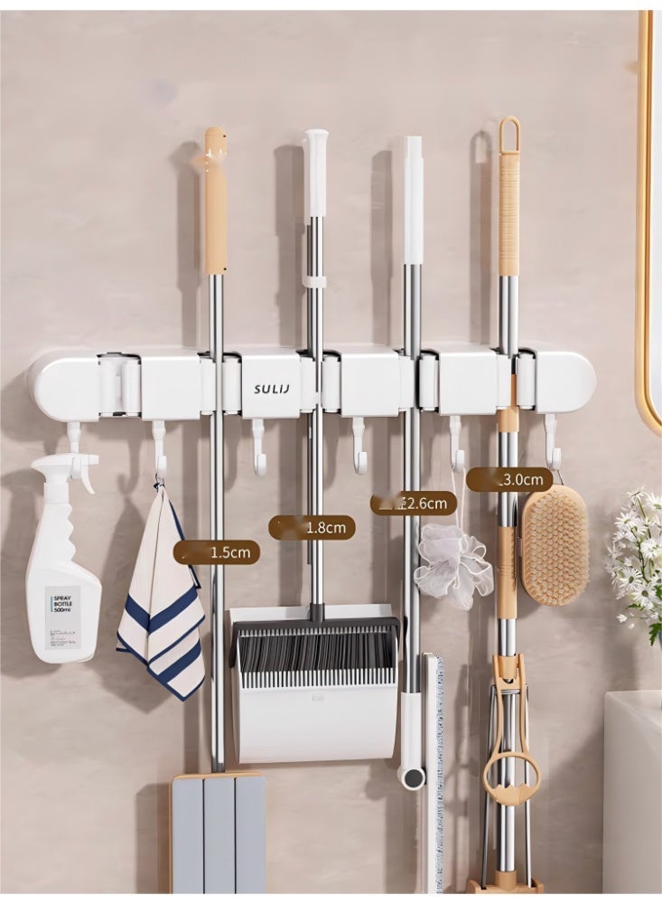 1PCS 5 Racks and 6 Hook Broom Mop Holder with Hooks Wall Mounted Broom Storage Rack No Drilling Self-Adhesive Mop Broom Organizer Mop Holder Hanger for Bathroom Office Kitchen Closet Garage（White） - Image 1