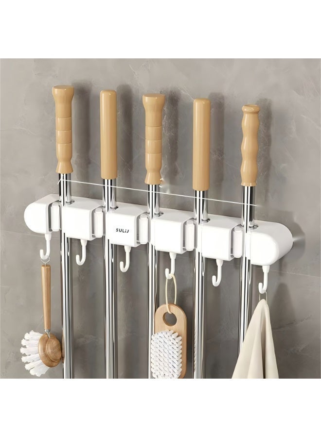 1PCS 5 Racks and 6 Hook Broom Mop Holder with Hooks Wall Mounted Broom Storage Rack No Drilling Self-Adhesive Mop Broom Organizer Mop Holder Hanger for Bathroom Office Kitchen Closet Garage（White） - Image 2