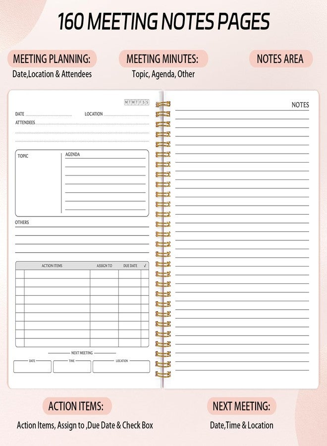 Thboxes Meeting Notebook for Work with Action Items & Meeting Minutes, 160 Pages Undated Spiral Bound Hardcover Work Notebook for Women & Men, 7" x 10" (Pink) - Image 4
