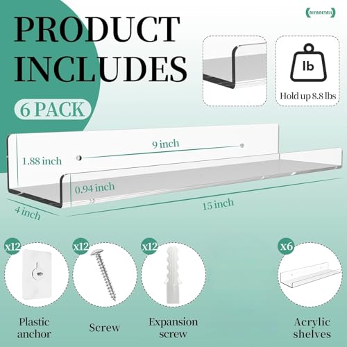 NIYANETAIL DIY Home 6 Pack 15 Inch Clear Acrylic Wall Shelves – Floating Shelves for Wall Storage and Display | Sturdy & Stylish for Bedroom, Bathroom, Kitchen, Office, and Living Room - Image 3