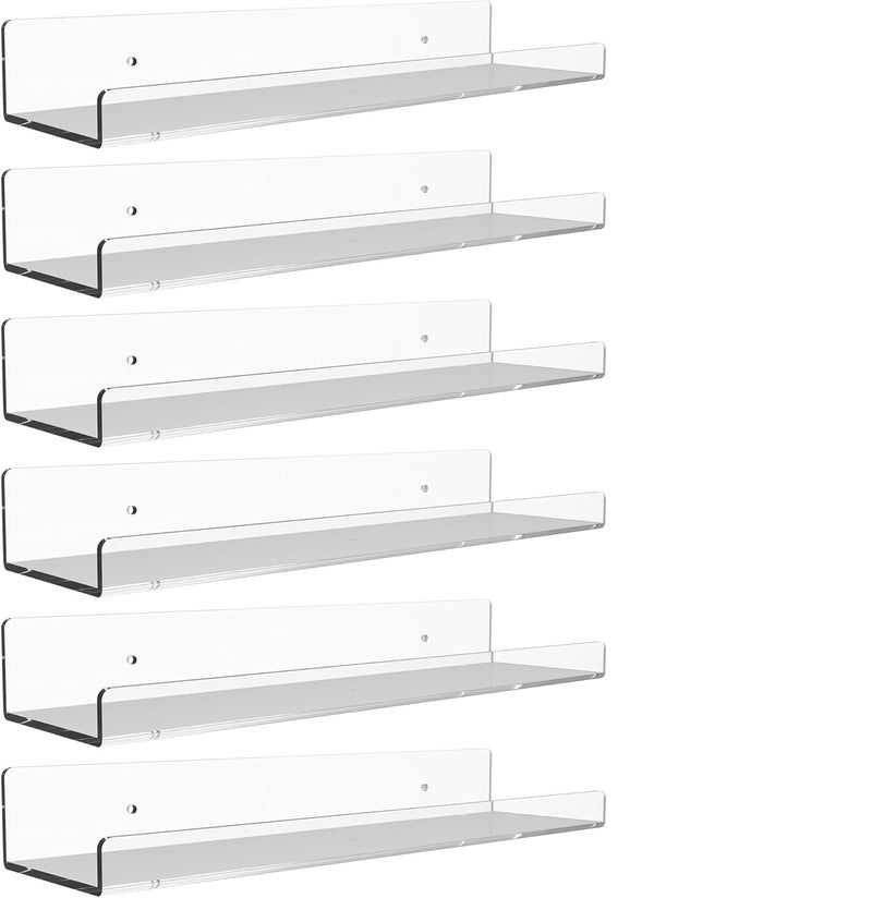 NIYANETAIL DIY Home 6 Pack 15 Inch Clear Acrylic Wall Shelves – Floating Shelves for Wall Storage and Display | Sturdy & Stylish for Bedroom, Bathroom, Kitchen, Office, and Living Room - Image 1