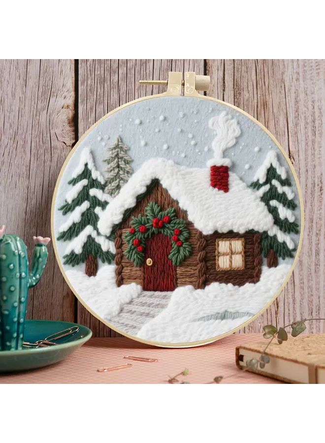 Winter Snow Scene Cottage Pink Embroidery Kit for Adults Beginners - Image 4