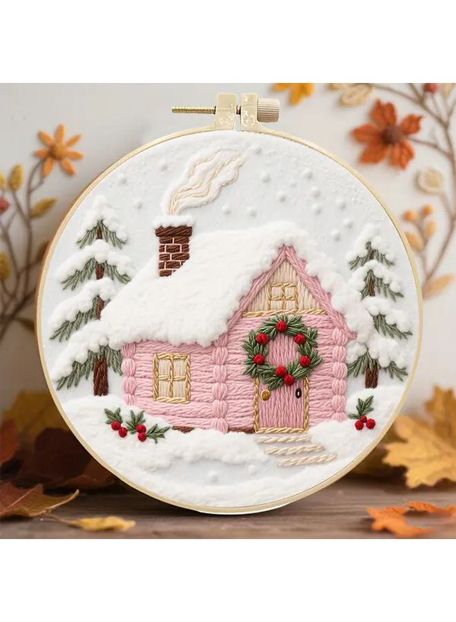 Winter Snow Scene Cottage Pink Embroidery Kit for Adults Beginners - Image 1