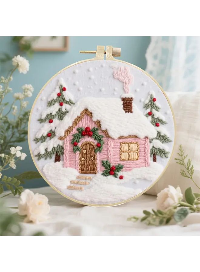Winter Snow Scene Cottage Pink Embroidery Kit for Adults Beginners - Image 5