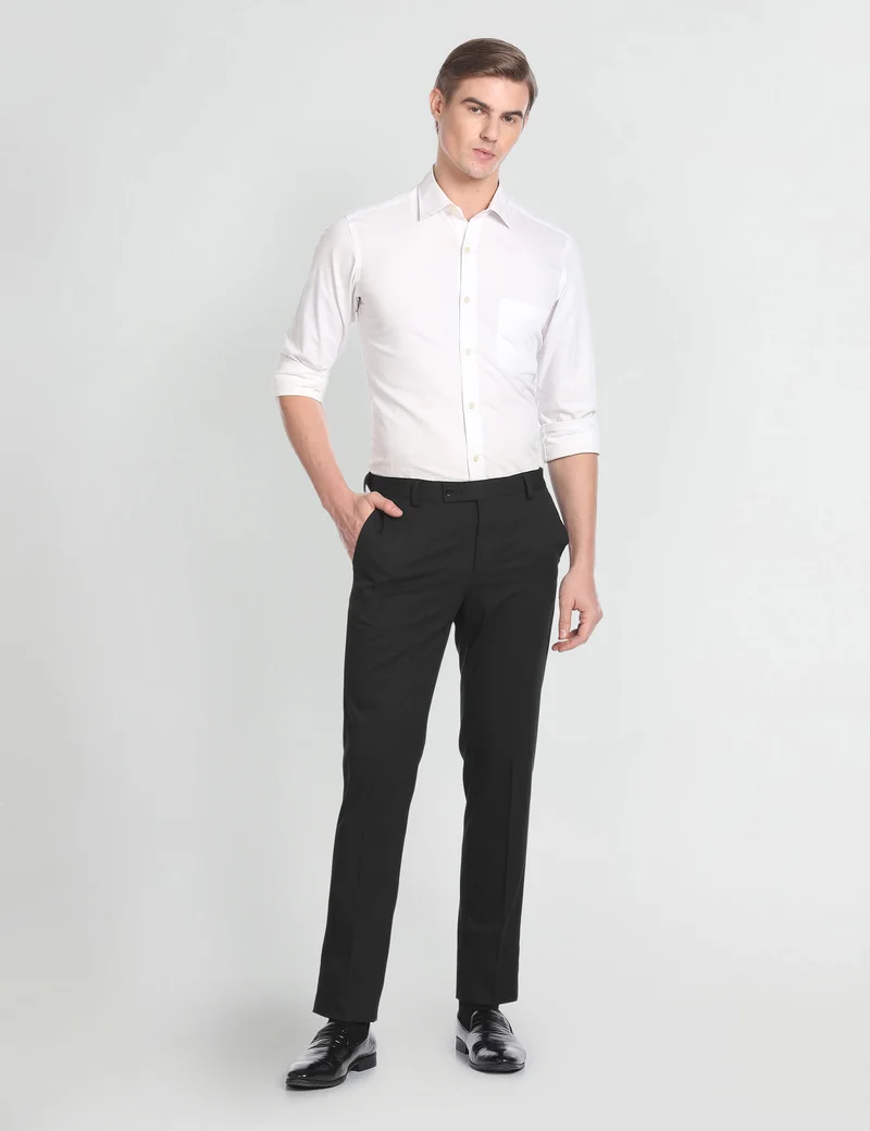 Arrow Black Mid Rise Twill Autoflex Trousers for Men | Best Price UAE