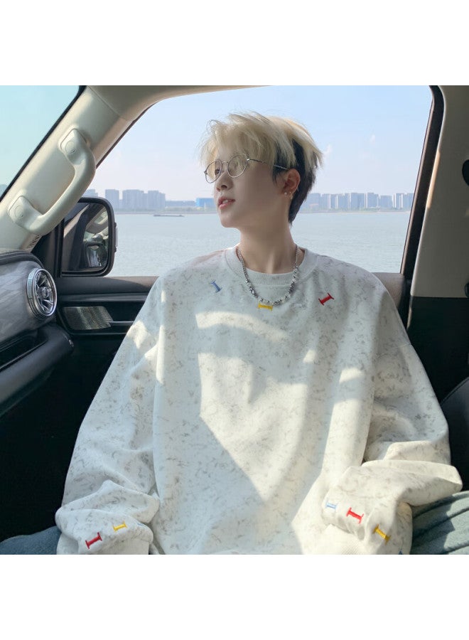 Dingfengbaoluo Lazy Style Crew Neck Embroidered Loose Casual Couple Long Sleeve Sweatshirt Bw36 White L - Image 1