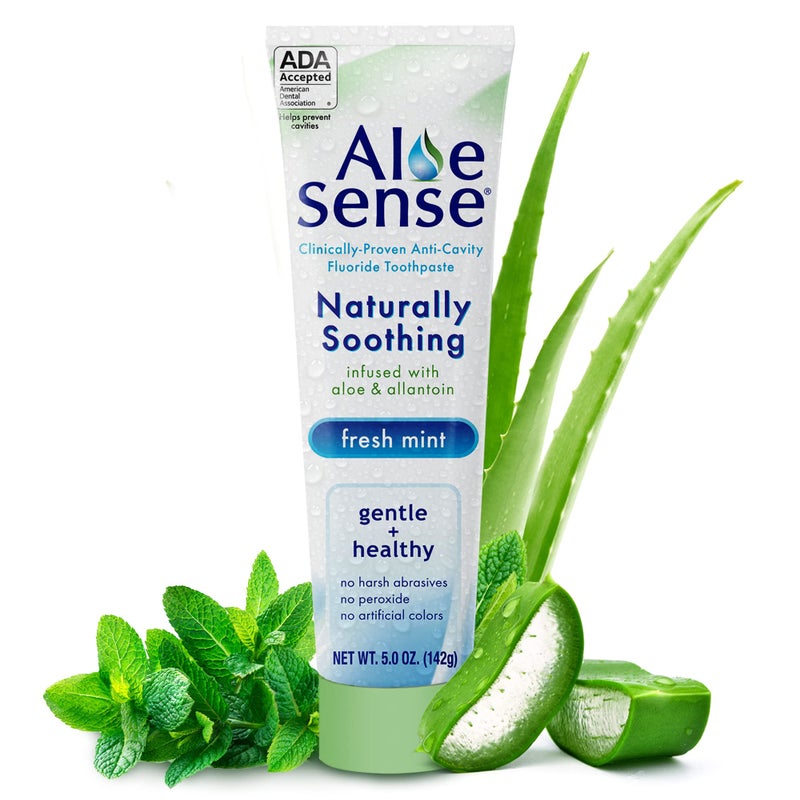 AloeSense Fluoride Toothpaste Naturally Soothing Toothpaste Sensitive Teeth and Gum Care with Aloe Vera Allantoin Fresh Mint Flavor Gentle Natural Toothpaste ADA Approved 5oz 1 Count