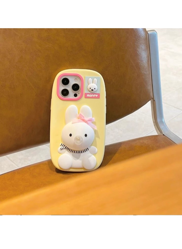Cute 3D bubble blowing rabit with teeth for I phone16 mobile phone case silicone – Light Yellow - Image 3