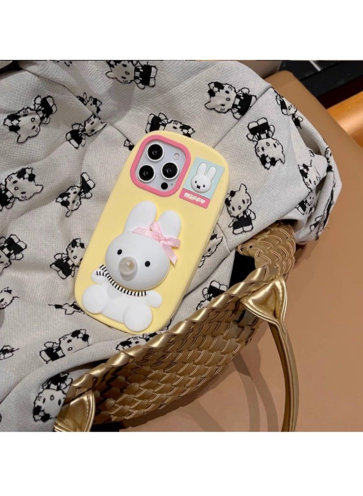 Cute 3D bubble blowing rabit with teeth for I phone16 mobile phone case silicone – Light Yellow - Image 1