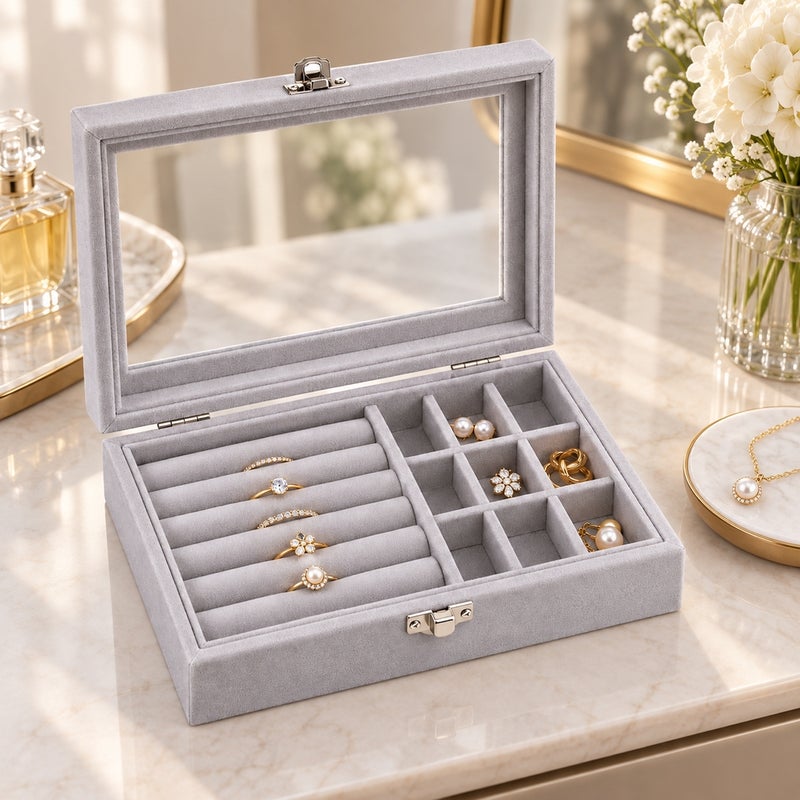 Jewelry and Accessories Storage Organizer Box with Transparent Lid and Multiple Compartments - Grey - 1-19 - Image 3