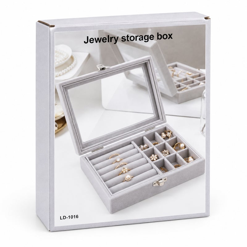 Jewelry and Accessories Storage Organizer Box with Transparent Lid and Multiple Compartments - Grey - 1-19 - Image 5