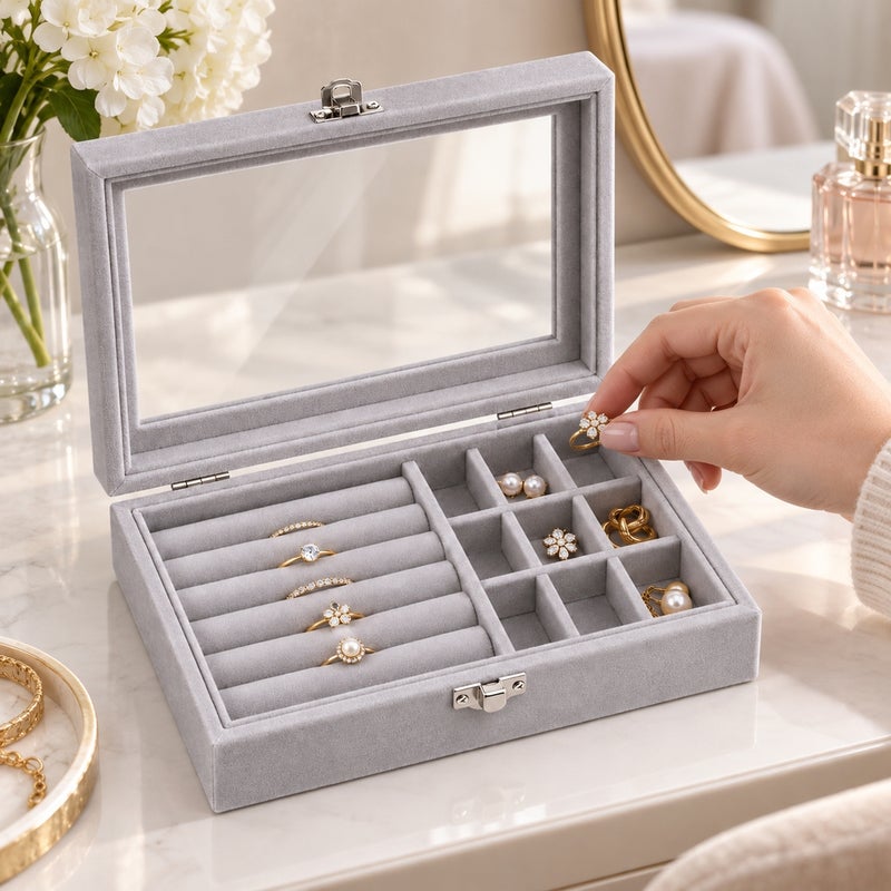 Jewelry and Accessories Storage Organizer Box with Transparent Lid and Multiple Compartments - Grey - 1-19 - Image 2