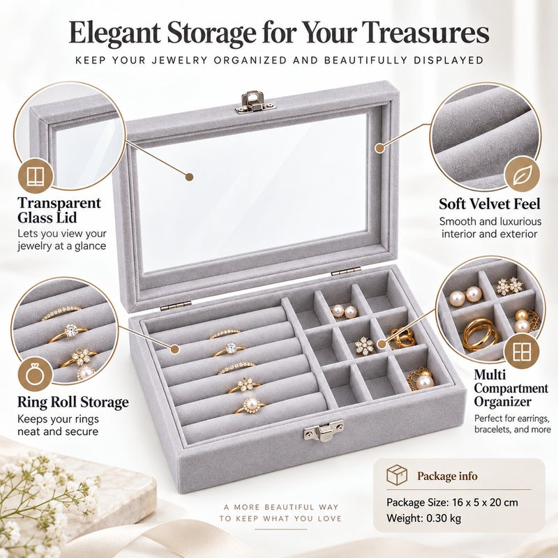 Jewelry and Accessories Storage Organizer Box with Transparent Lid and Multiple Compartments - Grey - 1-19 - Image 4