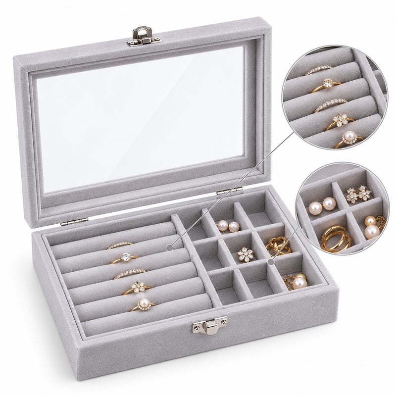 Jewelry and Accessories Storage Organizer Box with Transparent Lid and Multiple Compartments - Grey - 1-19 - Image 1