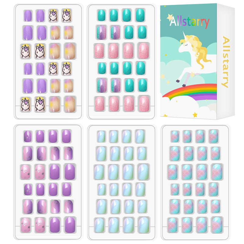 Allstarry 120pcs 5 pack Children Nails Press on Preglue Full Cover Glitter Gradient Color Rainbow Short False Nail Kits Lovely Gift for Children Little Girls Nail Art Decoration  Purple Unicorn