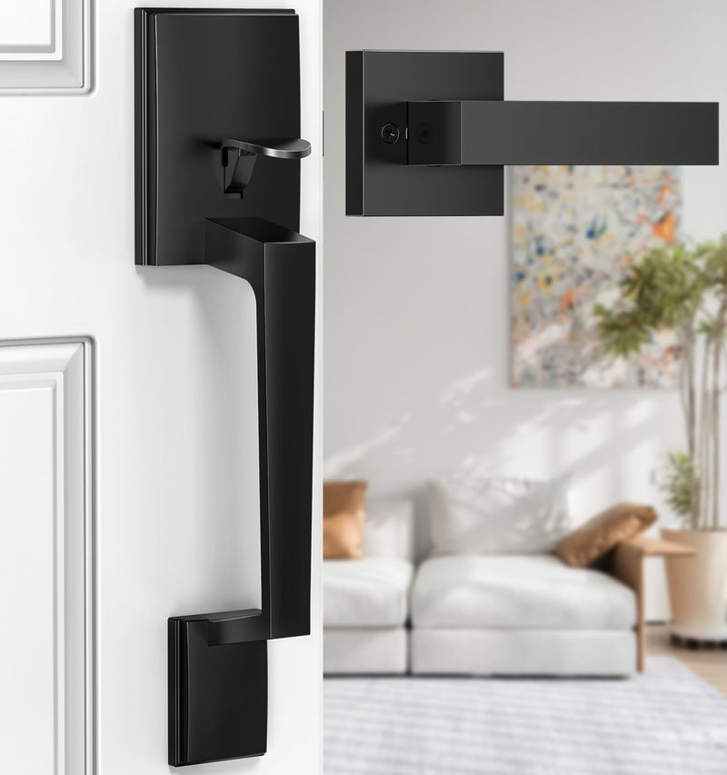 Brightify Black Front Door Handle, Modern Exterior Door Handle with Passage Lever, Front Entry Door Handle No Lock, Reversible for Left & Right Hand Door, Lower Half Grip - Image 1