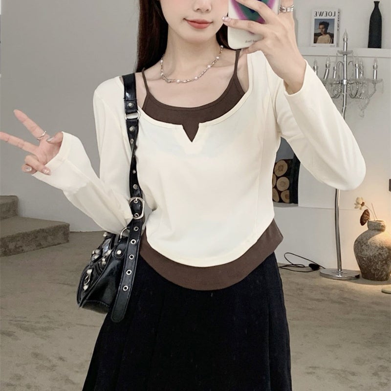 Factory Fake Two-Piece Contrast Color Korean-Style Plus Size Long-Sleeved T-Shirt Women'S Summer Slim-Fit Short Top Shake Tone Taobao - Image 4