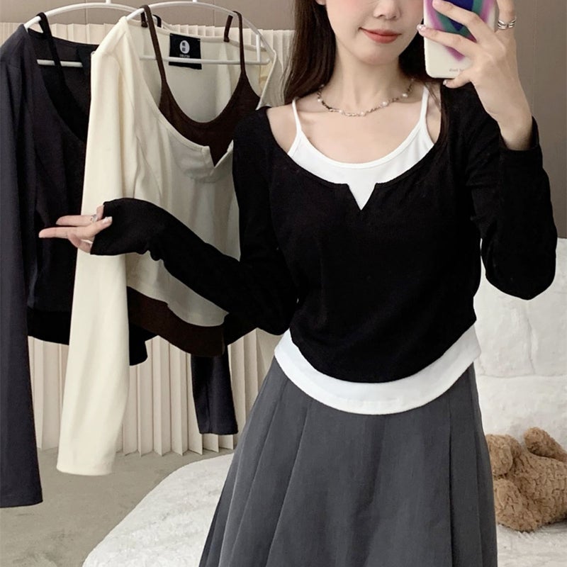 Factory Fake Two-Piece Contrast Color Korean-Style Plus Size Long-Sleeved T-Shirt Women'S Summer Slim-Fit Short Top Shake Tone Taobao - Image 3