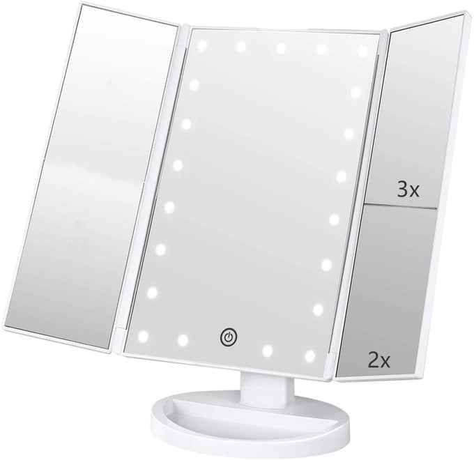 TRIFOLD MAKEUP MIRROR VANITY MIRROR WITH LIGHTS1X 2X 3X MAGNIFICATIONTOUCH SCREEN180 ADJUSTABLE ROTATIONPORTABLE TRAVEL BATHROOM COSMETIC MIRROR