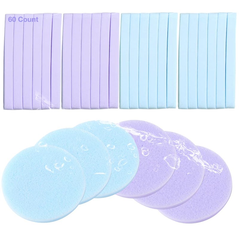 Tegelrying Facial Sponge Compressed60 Pcs PVA Professional Makeup Removal Wash Round Face Sponges Spa Pads Exfoliating Cleansing for WomenBluePurple