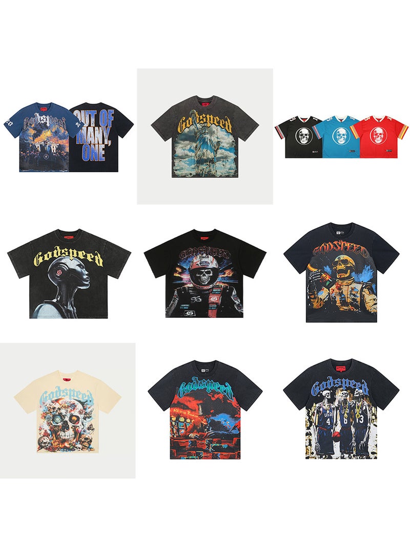 2025 Cross-border Summer New American Style Loose Street Retro T-shirt Fashion Brand Short-sleeved GODSPEED Digital Printing - Image 2